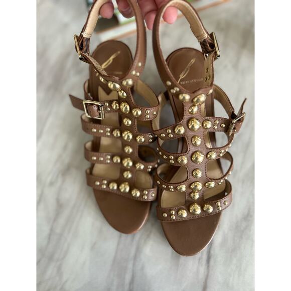 Brian Atwood Shoes - Brian Atwood Brown Leather & Gold Stud Gladiator Heeled Sandals